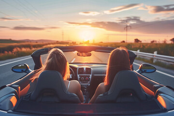 summer, vacation and travel concept, back view of two young women in cabriolet car
