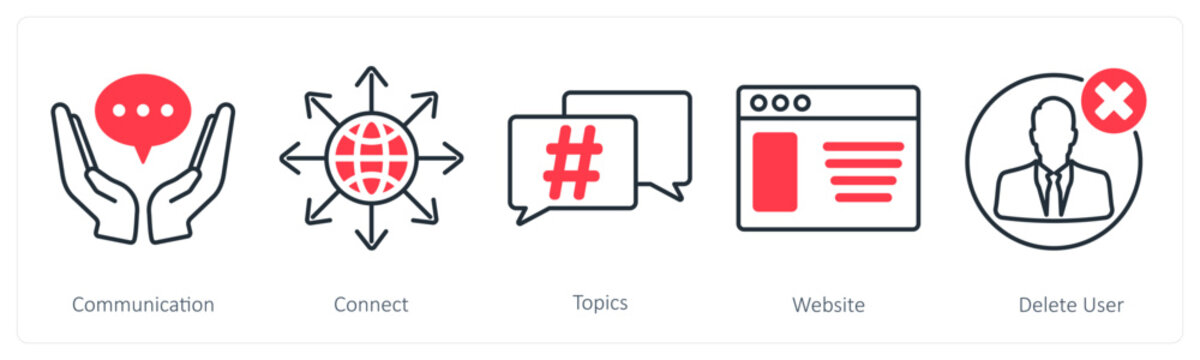 A set of 5 Social Media icons as communication, connect, topics