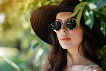 woman in sunglasses and hat in park