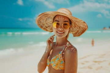 portrait of beautiful woman in hat and sunglasses on the summer beach