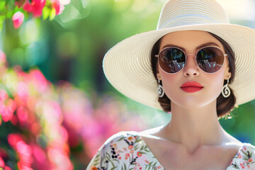 beautiful woman in hat and sunglasses on the summer garden background