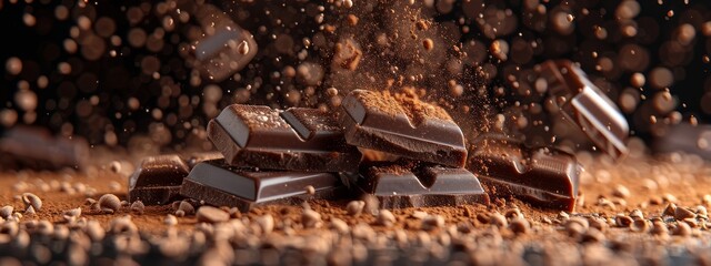 Dynamic chocolate explosion with pieces and bars falling on dark background