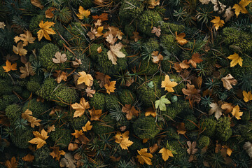 An overhead view of a forest floor covered in fallen leaves, pine needles, and moss, creating a textured carpet of foliage 