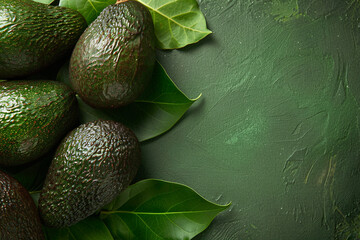 close up of avocados on the green table background with copy space