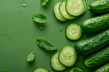 cucumbers on the green background with copy space