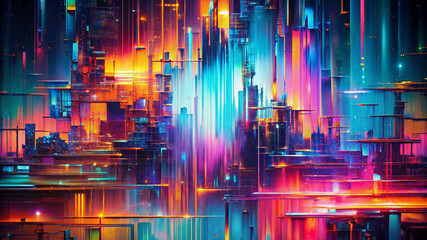 A bright and colorful abstract image with neon blue, pink, purple and orange tones.