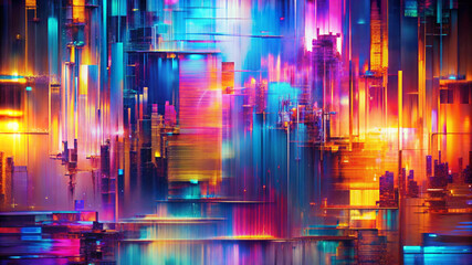 A bright and colorful abstract image with neon blue, pink, purple and orange tones.