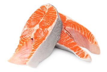 slices of raw fish, salmon, trout, steak, isolated on white background, clipping path