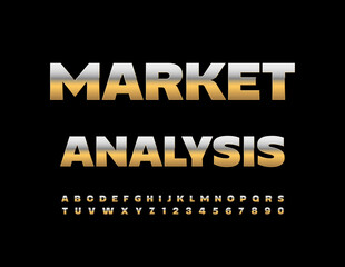 Vector business icon Market Analysis. Cool Gold Font. Modern Alphabet Letters and Numbers set.