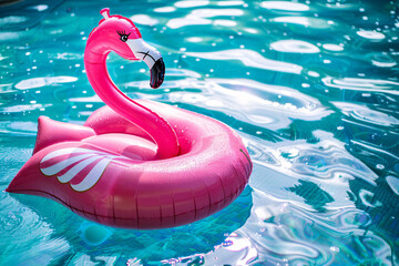 inflatable flamingo shaped matress in swimming pool