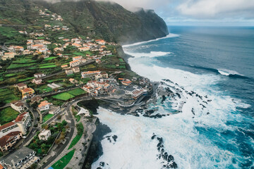 Aerial view of Porto Moniz with volcanic lava swimming pools, Madeira, Portugal