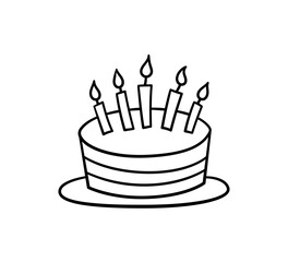 Hand drawn birthday cake with five candles. Children doodle drawing. Vector illustration isolated on white background.