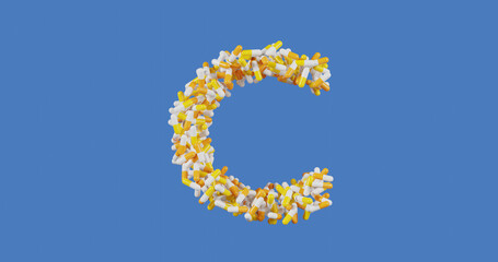 Vitamin C, pills in a yellow and white shell in the shape of the letter C isolated on a colored blue background, 3d rendering