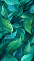 Abstract background featuring green leaf patterns and blue water waves in harmonious shades