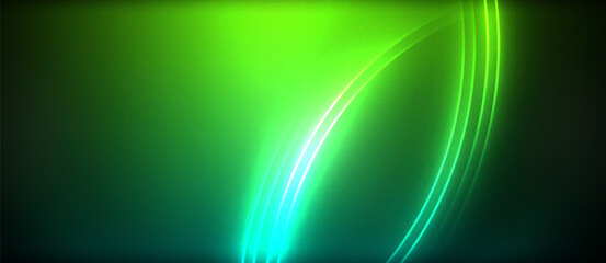Neon glowing circle rays, light round lines in the dark, planet style neon wave lines. Energetic electric concept design for wallpaper, banner, background