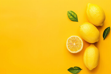 close up of lemons on the yellow background with copy space