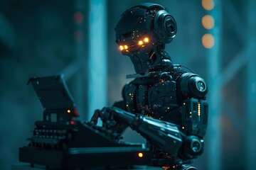 Robot assistant with typewriter, big data matrix, artificial intelligence technology and machine learning concept.