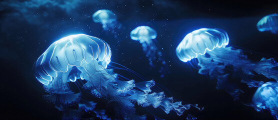 A group of jellyfish are floating in the ocean. The jellyfish are blue and white