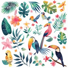 Vibrant Tropical Birds and Exotic Flora Illustration for Summer Design
