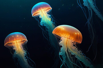 Naklejka premium Bioluminescent jellyfish illuminate the abyss, creating an ethereal and mystical underwater scene.