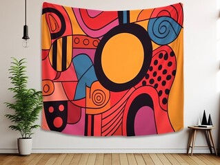 Geometric tapestries flat design side view hanging art theme cartoon drawing Vivid
