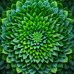 pattern of green leaves arranged in concentric circles, intricate mandala. concepts: nature, wellness, eco-friendly products, meditation, relaxation, mindfulness platforms, gardening business.