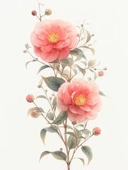 Camellia flower, drawn by watercolor paints, bright colors, rough 2D animation, children's book illustration, isolated on white background