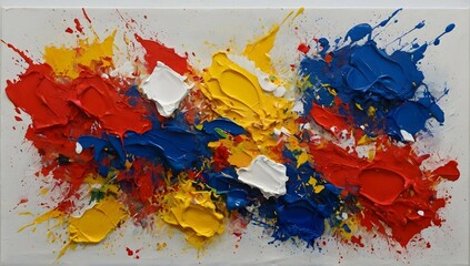 draw an abstract painting, mixing acrylics, palette knife and brush with primary colors, white background,