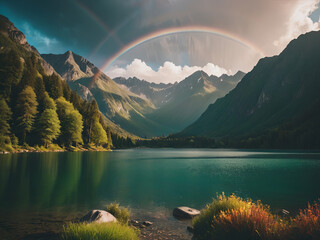 Landscape of a lake surrounded by mountains with rainbow