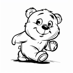 Obraz premium Cheerful Bear Plush Toy walking, drawn in black and white with clear, thick lines for a preschool coloring book, simple cartoon style, isolated on a white background
