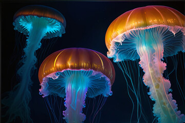 Bioluminescent jellyfish illuminate the abyss, creating an ethereal and mystical underwater scene.