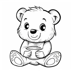 Obraz premium Chibi Bear Plush Toy drinking, drawn in monochrome with clear, thick lines for a preschool coloring book, simple cartoon style, isolated on a white background