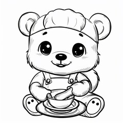 Obraz premium Chibi Bear Plush Toy meal prepping, outlined in monochrome with clear, thick lines for a preschool coloring book, simple cartoon style, isolated on a white background