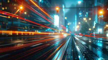 Illuminated urban street with blurred movement.