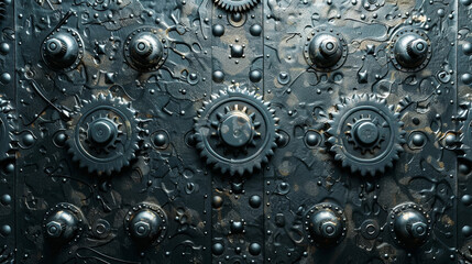 A close-up of a metal background with an intricate pattern of gears and bolts 