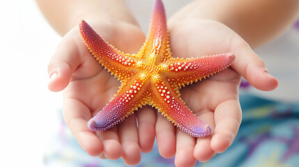 A close-up of a colorful starfish in a child's hands, isolated on white background 