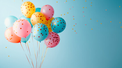 A cluster of bright balloons floating on a sky blue-to-white gradient background 