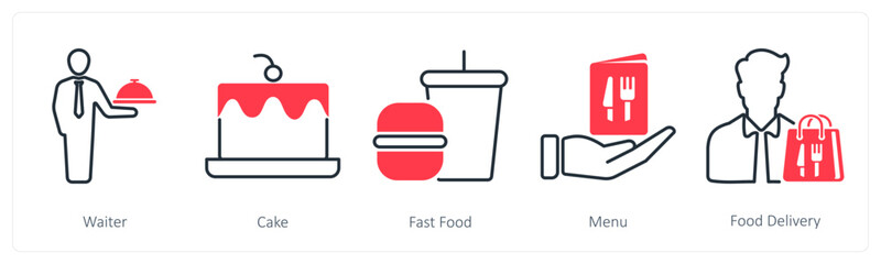 A set of 5 Restaurant icons as waiter, cake, fast food