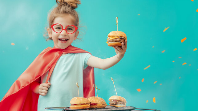 A child wearing a superhero cape grilling mini burgers, light blue gradient background 