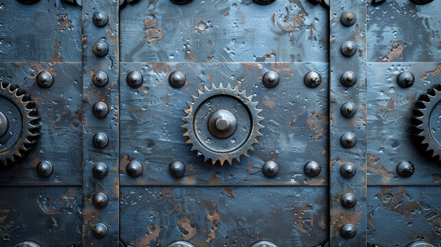 A close-up of a metal background with an intricate pattern of gears and bolts 