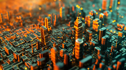 A creative representation of a neural network as a sprawling cityscape, symbolizing the architecture of social media AI 