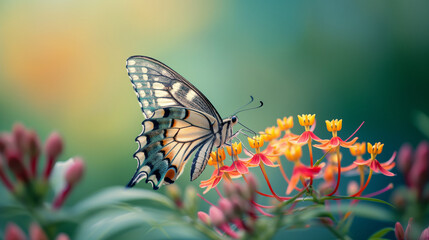 A delicate butterfly on a flower, vivid green-to-yellow gradient background 