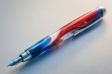 A fancy pen with red, white, and blue swirls, positioned on a smooth gradient from red to blue 