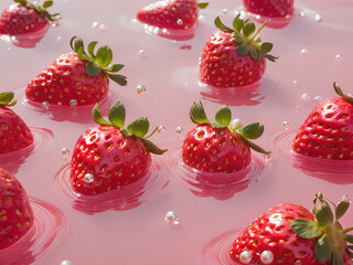 A close-up image of vibrant red strawberries floating in pink, glossy liquid with a few white pearls around them.