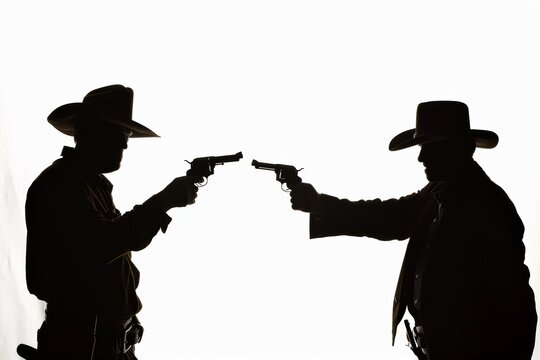 Silhouettes of two cowboys facing off in a classic Wild West standoff