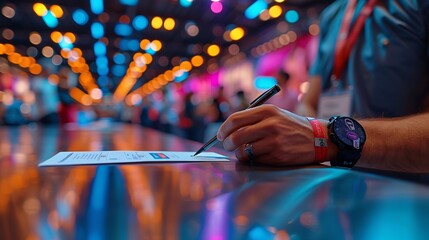 The procedure of registering for a conference or event, where visitors and participants are provided with a name tag and entry band and their e-ticket is registered.