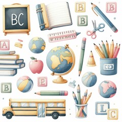 Fototapeta premium Education-themed backgrounds and patterns.watercolor illustration, Perfect for nursery art, Back to school theme. Notebook rulers pens and pencils.