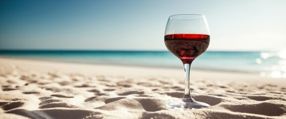 Glass of red wine on a sandy beach on a sunny day with copy space