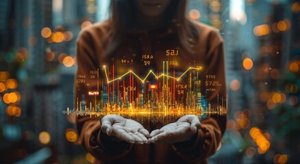 Conceptual image of a businessman holding a sparkling golden cityscape