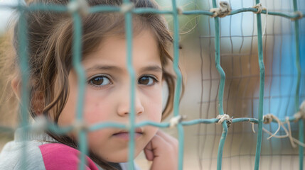 A young refugee girl looking through a fence, longing expression, blurred background 